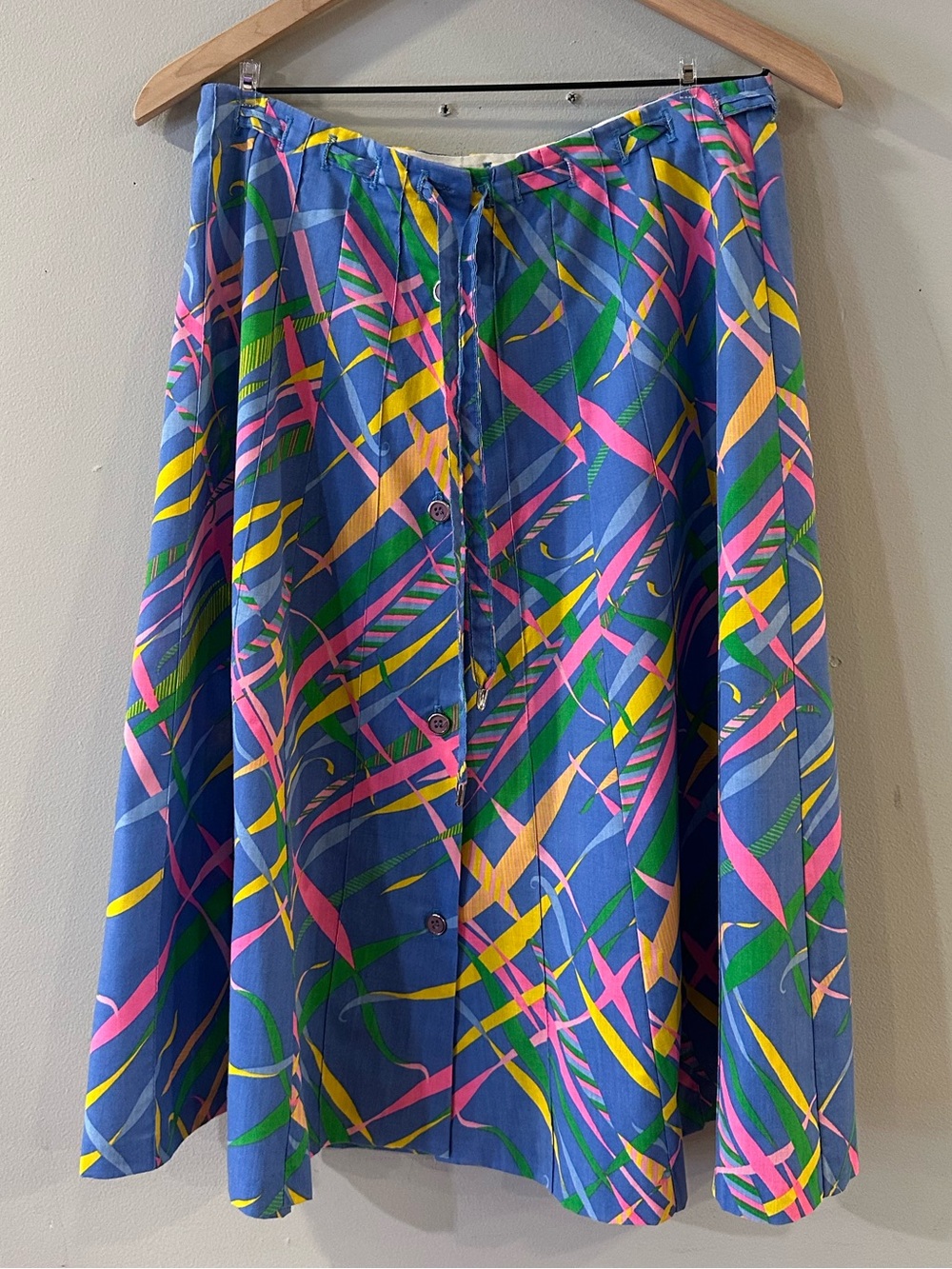 80s Button-Front A-Line Abstract Print Neon Skirt